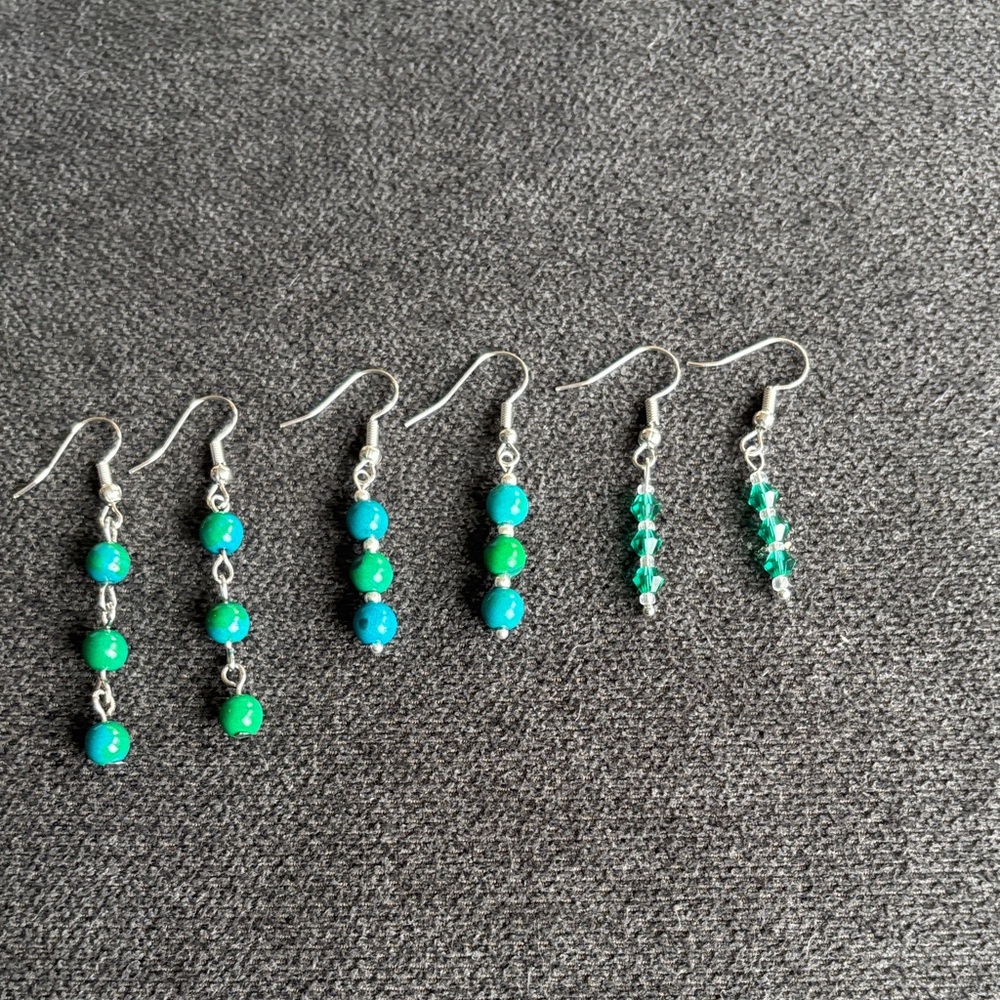 Elegant Green and Blue Beaded Earrings Hand Crafted set of 3 - Picture 6 of 9